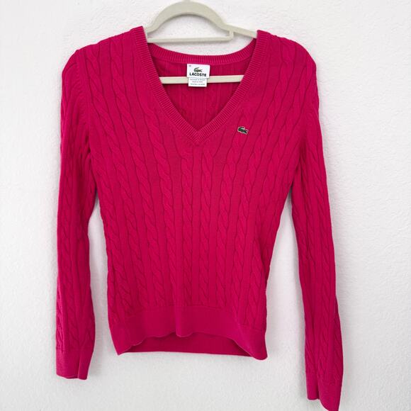 Lacoste Womens V Neck Cable Knit Sweater Size 38 / M Alligator Logo Preppy Pink - Picture 1 of 5